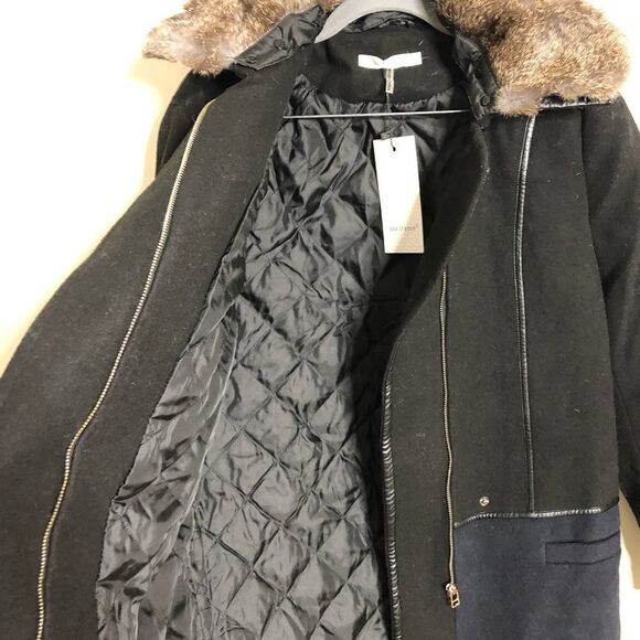 See You Soon Black/Navy Wool Blend Fur Collar Mid-Length Coat New - Picture 11 of 15